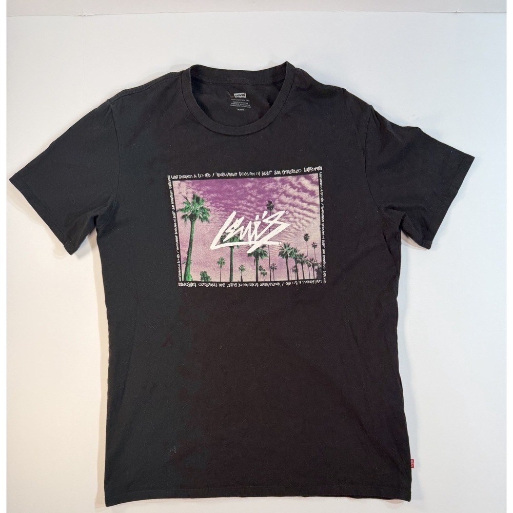 Levis Stussy Style Script Palm Tree Graphic T Shirt Mens Medium Black Cali